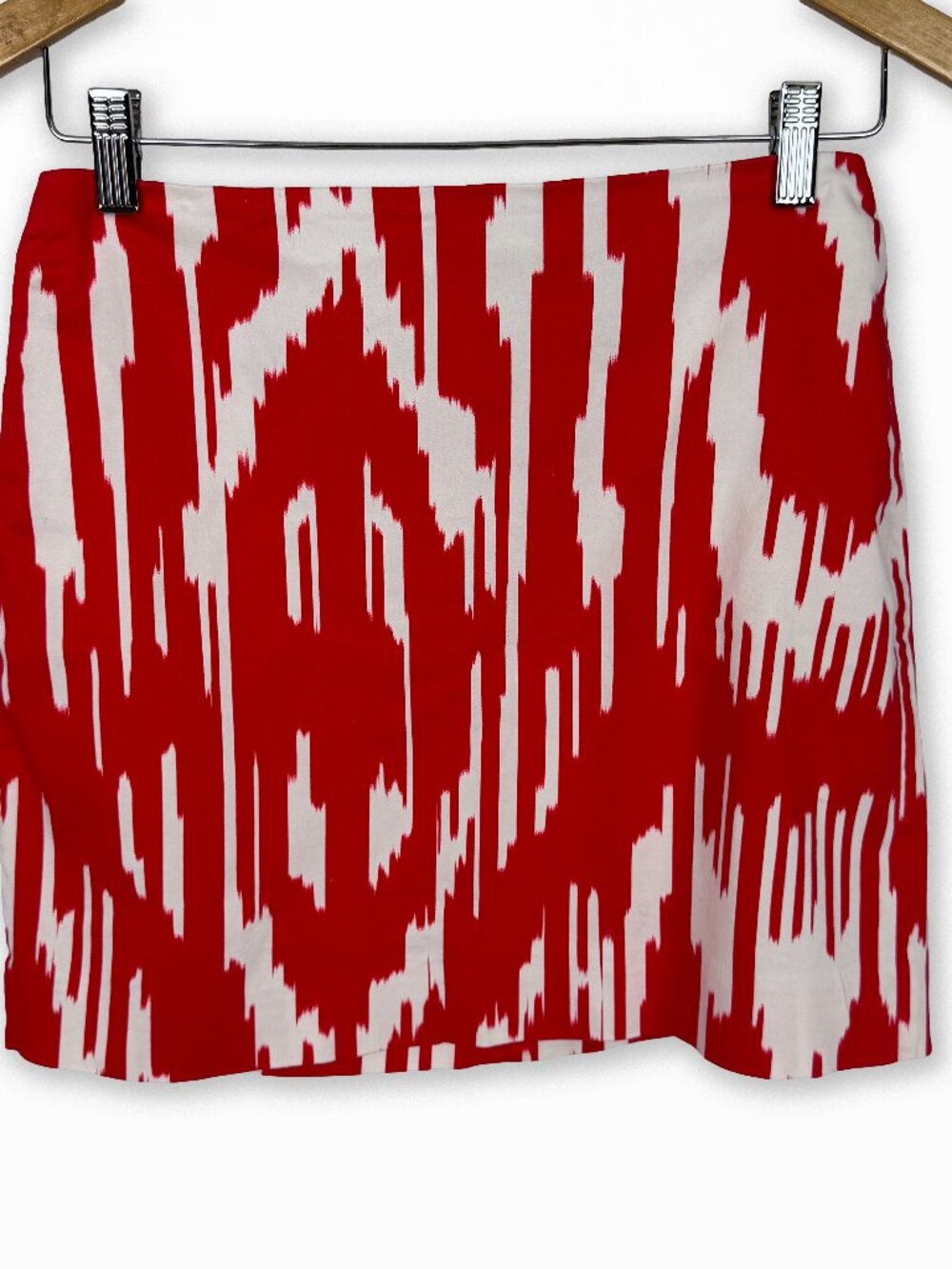 J.Crew Postage Stamp Mini Skirt Size 0 Red White Ikat Graphic Print Exposed Zip